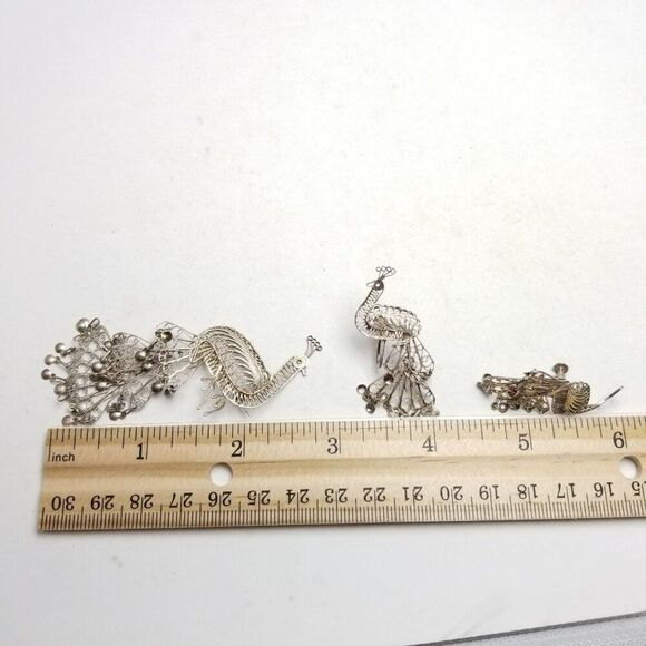 Vintage Filigree Peacock Clip On Earring and Brooch Set, Silver Tone, Estate - Picture 4 of 7